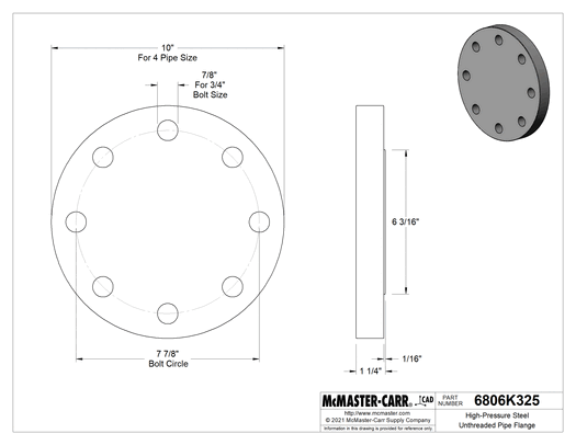 Technical drawing of High-Pressure Steel Unthreaded Pipe Flange, Cap, 300 Class, 4 Pipe Size.